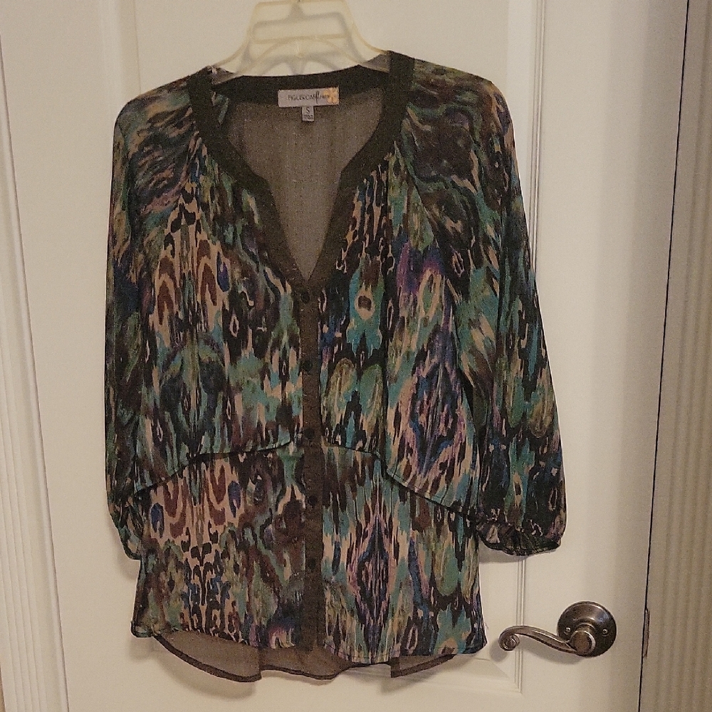 Green and Purple Graphic Blouse with Mandarin Collar